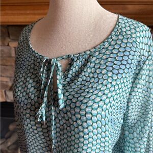 LIVERPOOL 🇬🇧 Women’s Green & Teal Tie Neck Geometric Design Top - Size SMALL